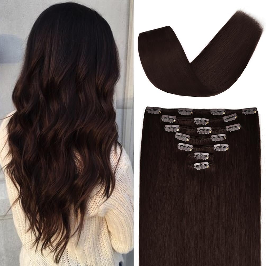 12 inches Clip in Hair Extensions Remy Human Hair - 70g 7pcs 16 Clips Straight Thick 100% Real Human Hair Extensions for Women Dark Brown #2 Color