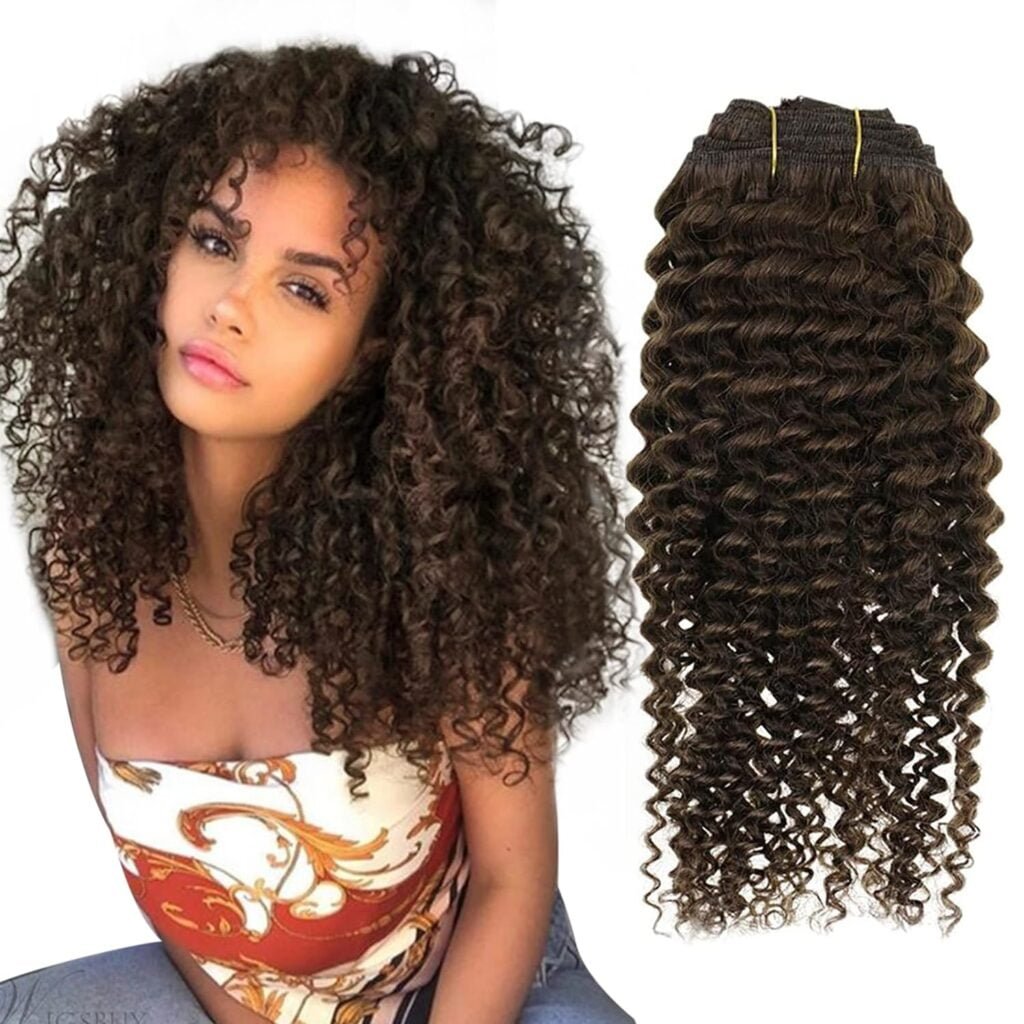 16 Curly Human Hair Clip in Extensions #4 Brown Kinky Curly Clip in Hair Extensions Real Human Hair 7Pcs 105g Double Weft Clip in Extensions Thick Human Hair