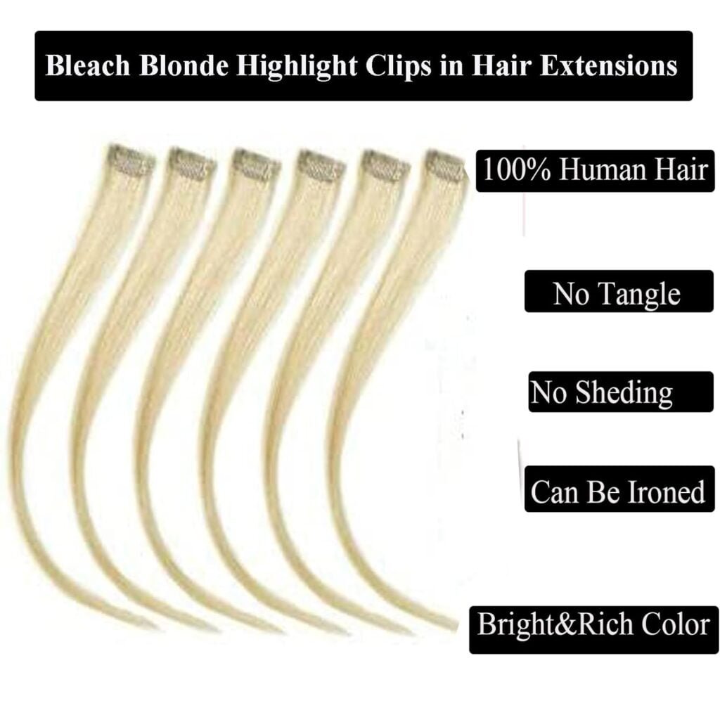 18 Inch High light Clip in Human Hair Extensions 100% Straight Clip on Party Highlights Colored Hair Extensions 6 Pieces/set (Bleach Blonde)
