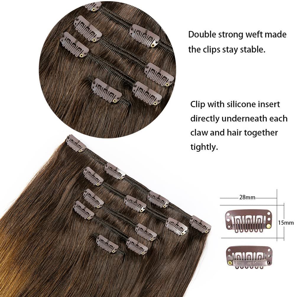5 Pieces 14 Remy Clip in Hair Extensions Human Hair Natural Black to Chestnut Brown Highlight Black Ombre - Silky Straight Short Thick Real Hair Extensions for Women (14 inches, #(1BT6) P1B, 70grams)