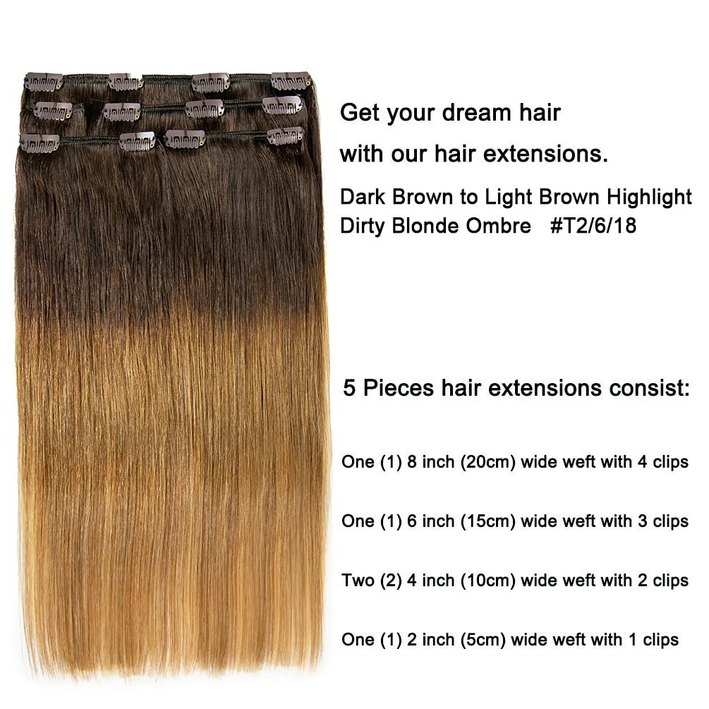 5 Pieces 14 Remy Clip in Hair Extensions Human Hair Natural Black to Chestnut Brown Highlight Black Ombre - Silky Straight Short Thick Real Hair Extensions for Women (14 inches, #(1BT6) P1B, 70grams)