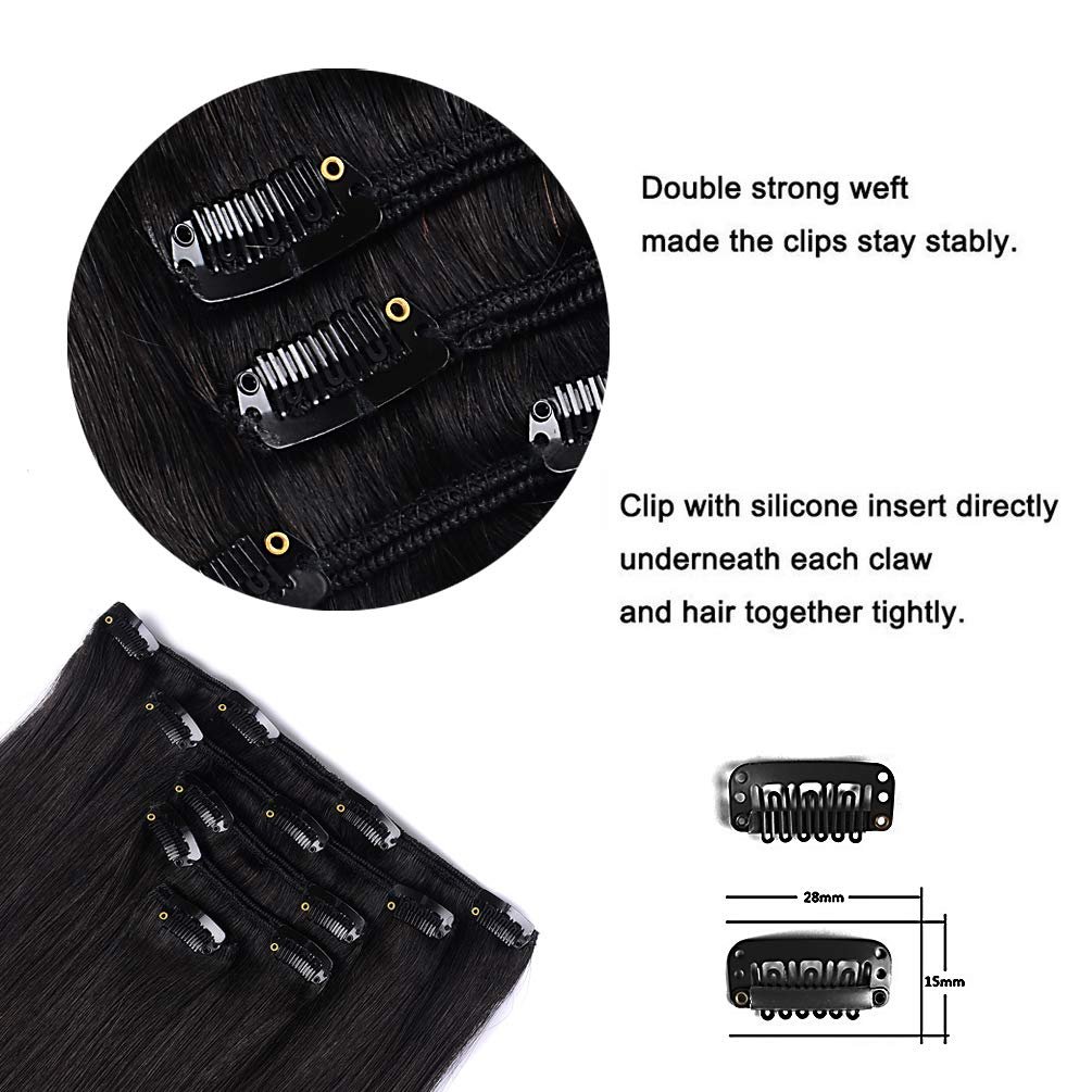 5 Pieces 14 Remy Clip in Hair Extensions Human Hair Natural Black to Chestnut Brown Highlight Black Ombre - Silky Straight Short Thick Real Hair Extensions for Women (14 inches, #(1BT6) P1B, 70grams)