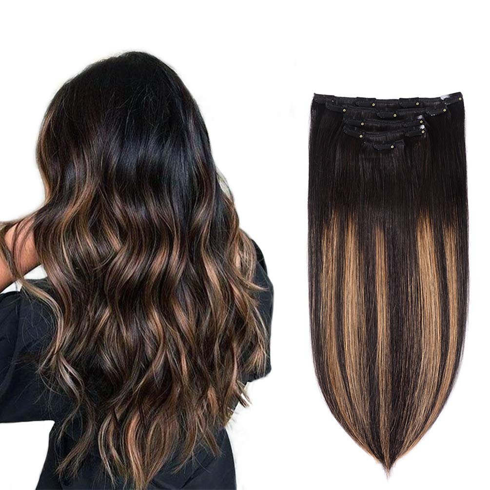 5 Pieces 14 Remy Clip in Hair Extensions Human Hair Natural Black to Chestnut Brown Highlight Black Ombre - Silky Straight Short Thick Real Hair Extensions for Women (14 inches, #(1BT6) P1B, 70grams)