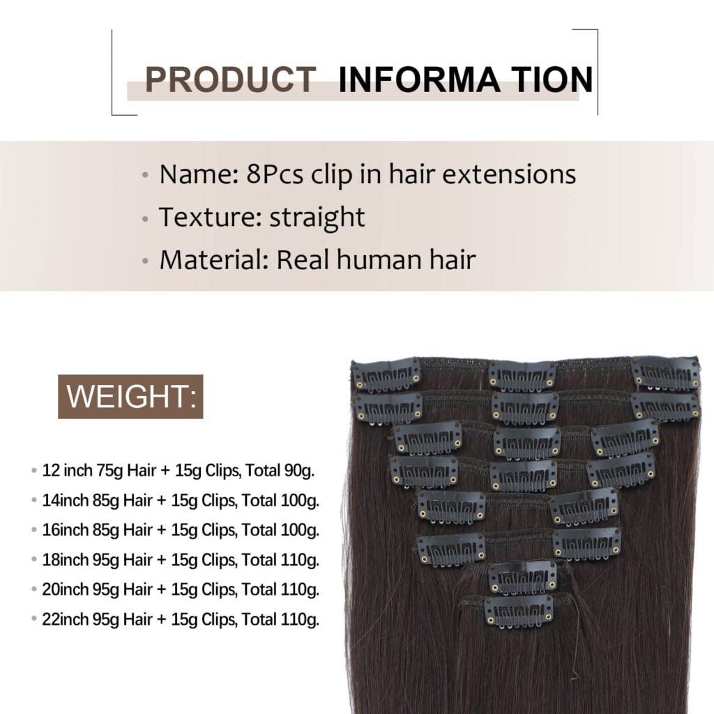 8pcs Human Hair Clip in Extensions Straight 2# Real Hair Extensions Clip in Human Hair 18 Inch Dark Brown Clip in Extensions Real Human Hair