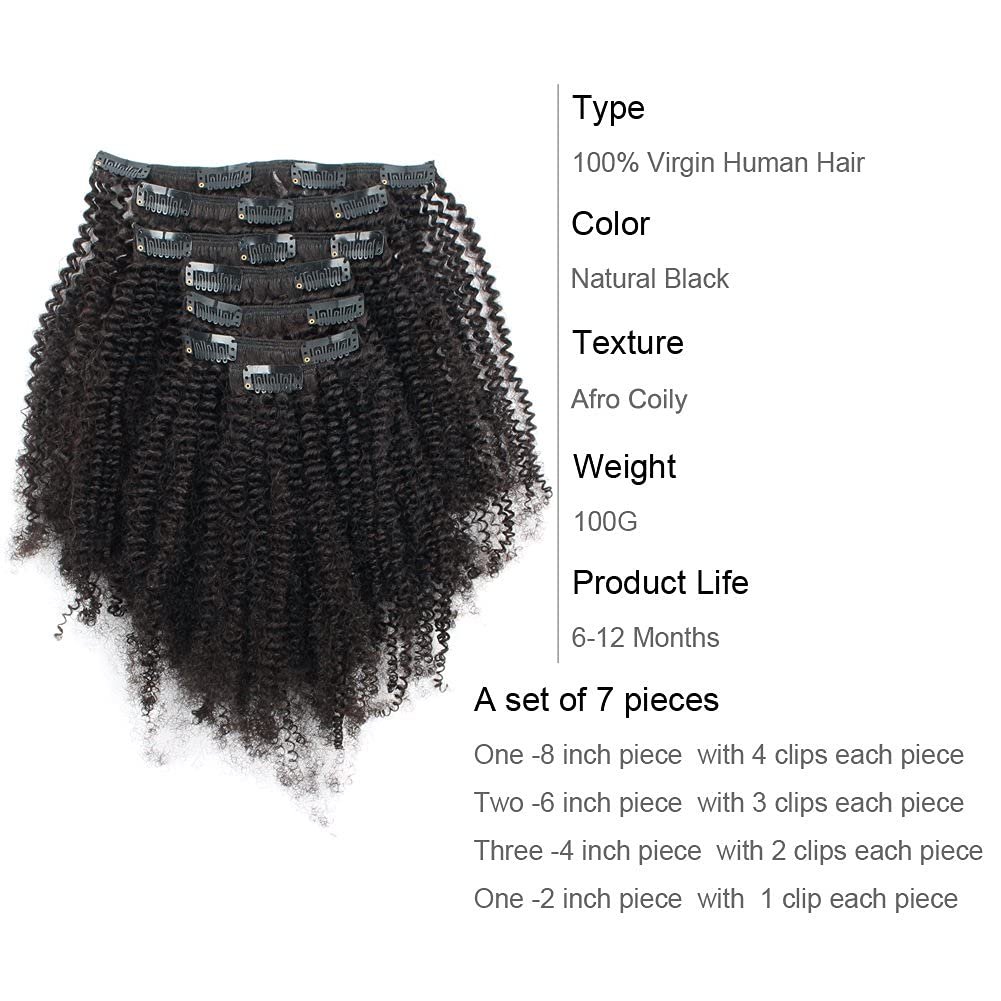 ABH AmazingBeauty Hair Real Human Hair Clip in Extensions Kinkys Curly Virgin Natural Color 3C and 4A type 120 Gram 12 Inch Bantu Knotted or Twisted Out