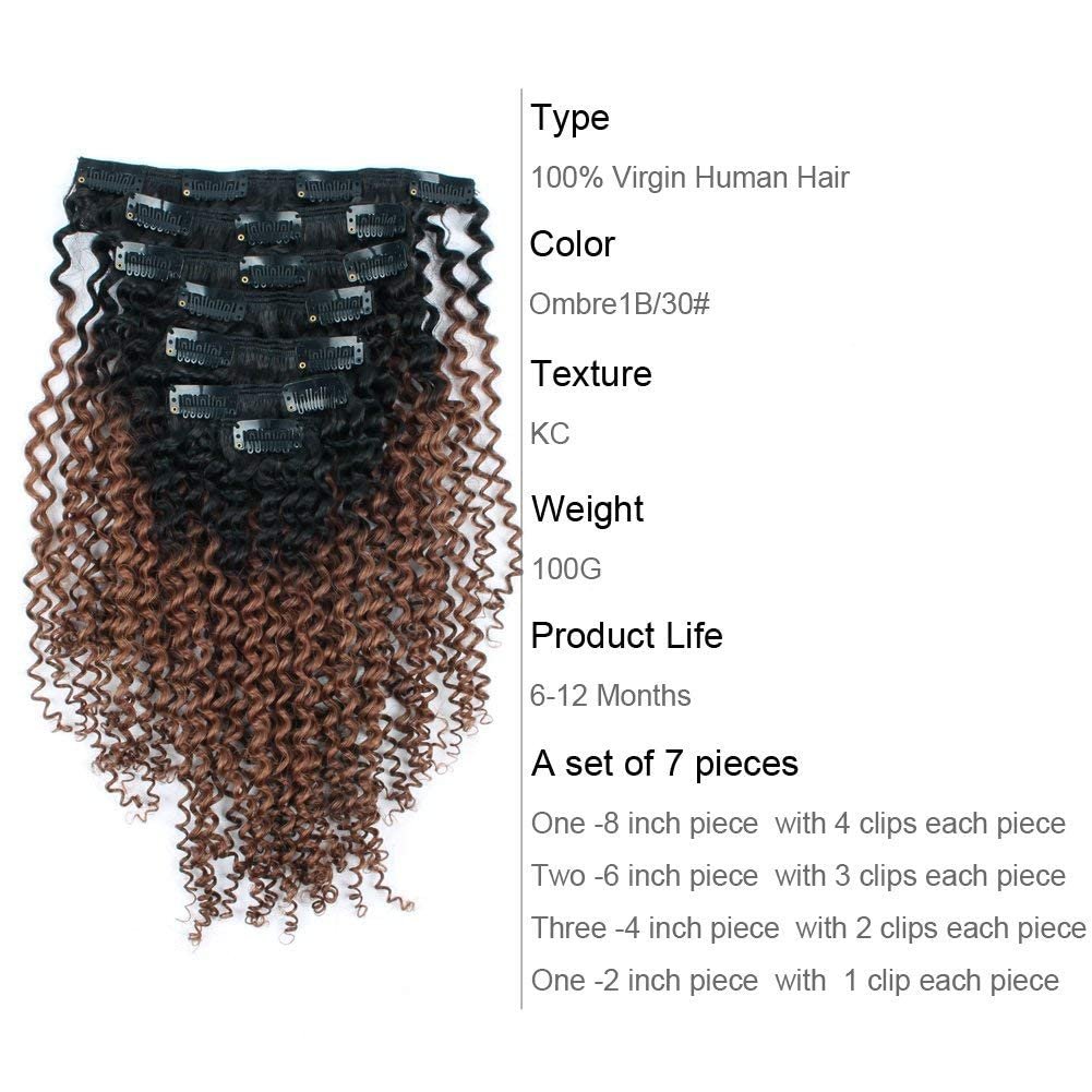 ABH AmazingBeauty Hair Real Human Hair Clip in Extensions Kinkys Curly Virgin Natural Color 3C and 4A type 120 Gram 12 Inch Bantu Knotted or Twisted Out