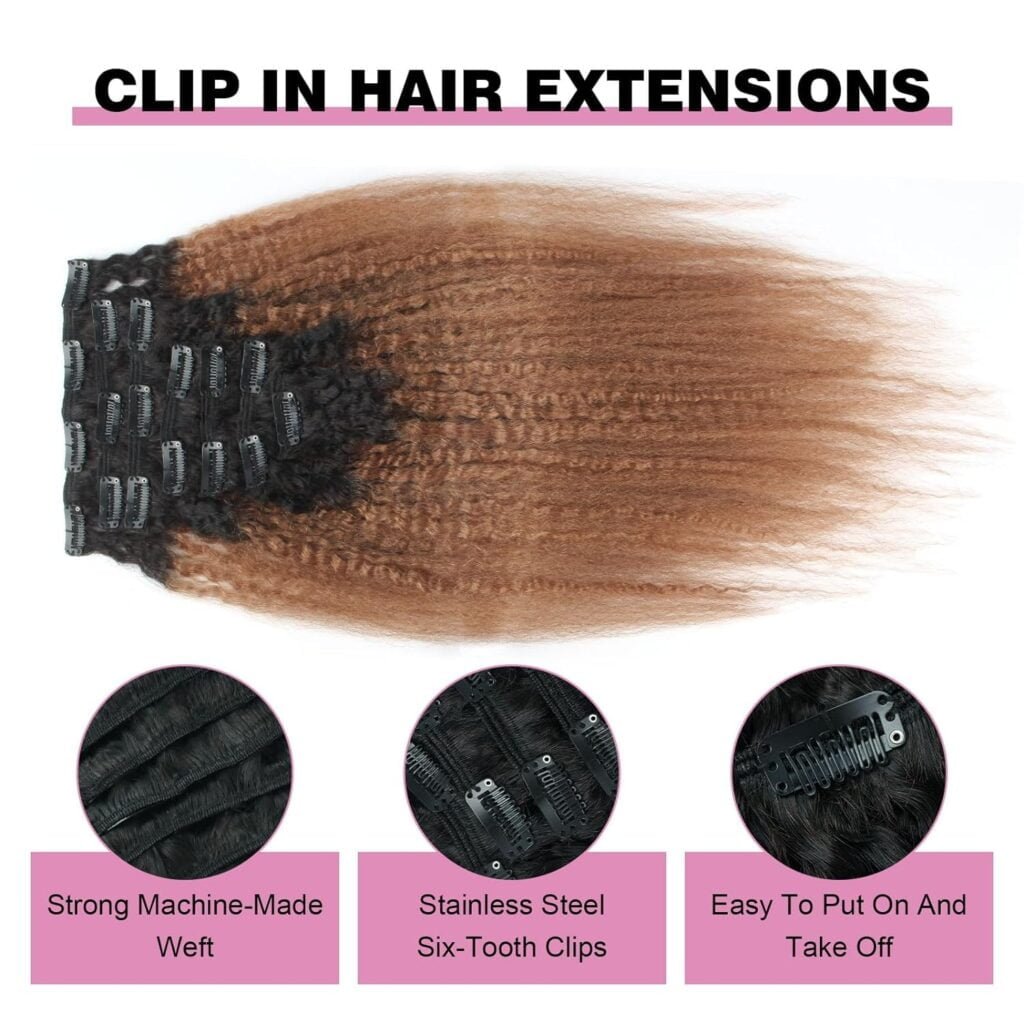 ABH AMAZINGBEAUTY HAIR Yaki Clip in Hair Extensions Human Hair Rooted Black Piano Natural Black #1B Mixed With Chocolate Brown #4 Two Tone Yaki Straight Human Hair Clip ins 16 Inch 120G Full Head 7Pcs