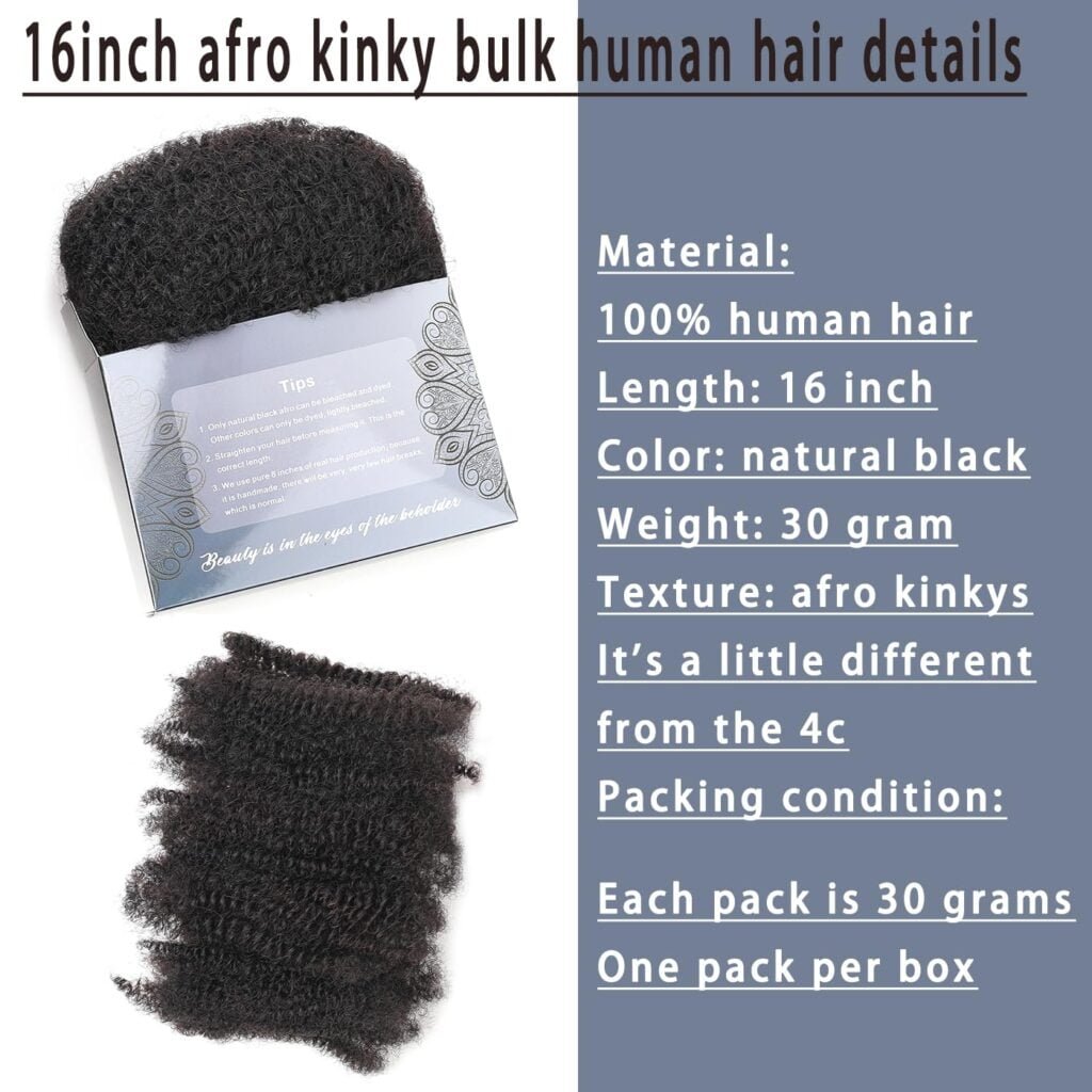 Afro Kinkys Bulk Human Hair 16 Inch 30g/Bundle Black 16 Inch Afro Kinky Bulk 100% Human Hair Afro Kinky Hair Bleach Before Dyeing(30 Gram Each Package)