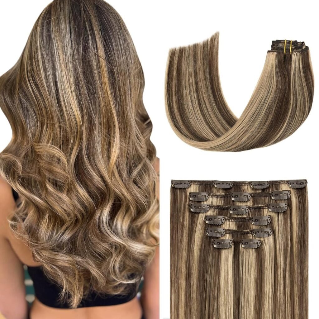 Aison Dark Brown Clip in Hair Extensions Real Human Hair 70G 100% Remy Human Hair Clip in Extensions Soft Silky Straight for Fashion Women 7pcs 16clips 18 Inch Brown Hair Extensions