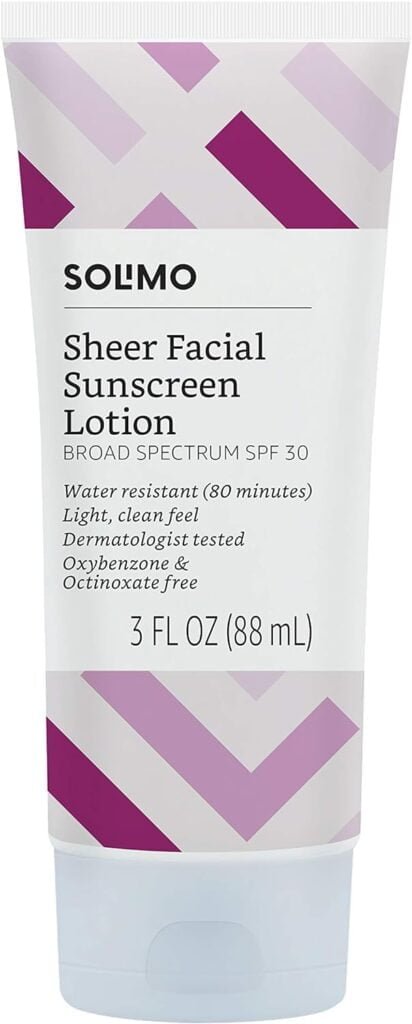 Amazon Brand - Solimo Sheer Face Sunscreen SPF 30, Formulated without Octinoxate  Oxybenzone, Unscented, 3 fl oz (Pack of 1)