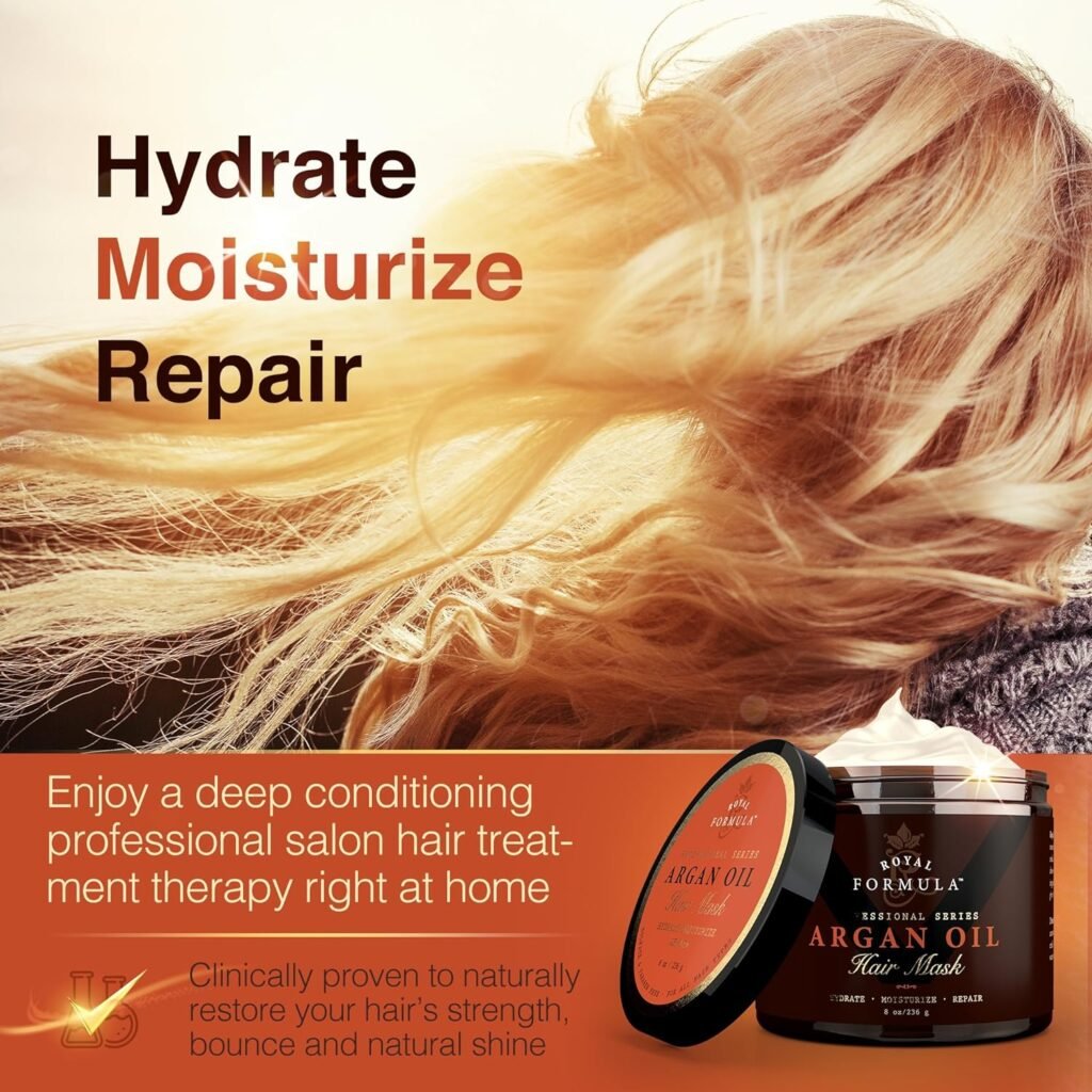 Argan Oil Hair Mask, 100% Organic Argan  Almond Oils - Deep Conditioner, Repair Dry Damaged, Color Treated  Bleached Hair - Hydrates  Stimulates Hair Growth, 8 Oz