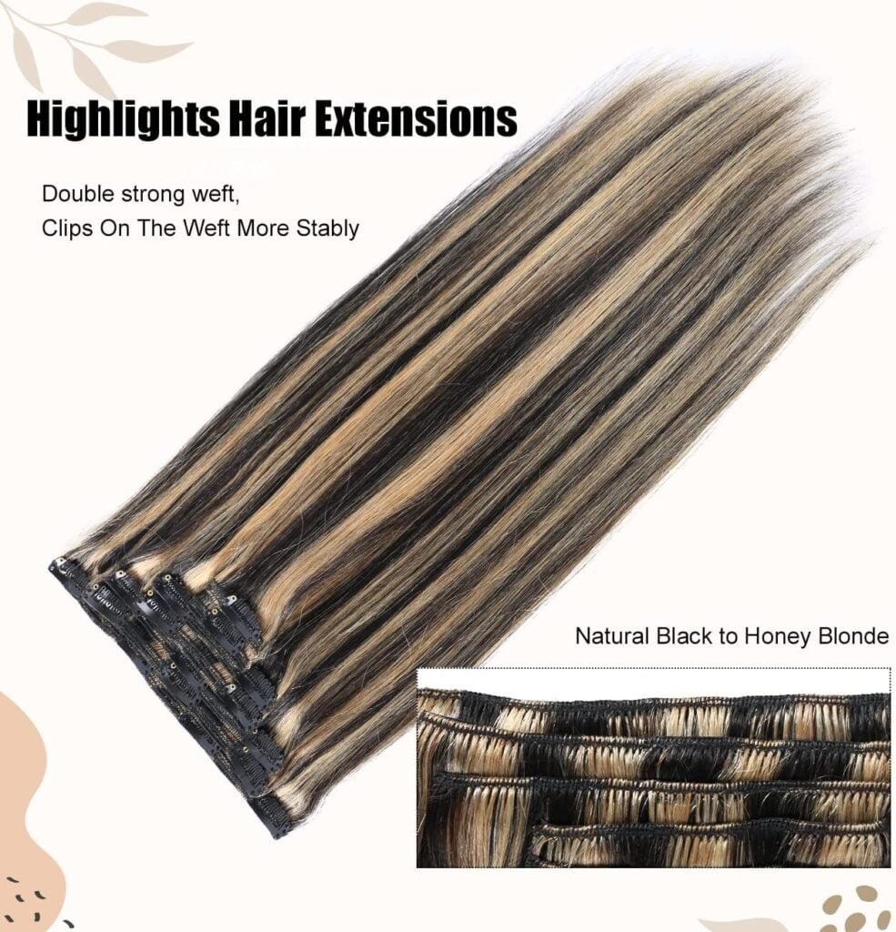 Asteria Hair Clip in Extensions Human Hair Full Head Ombre Natural Black Fading to Honey Blonde Real Hair Extensions Clip in Human Hair Highlights Straight Clip Ins For Women 7 Pcs 120g 18 Inch