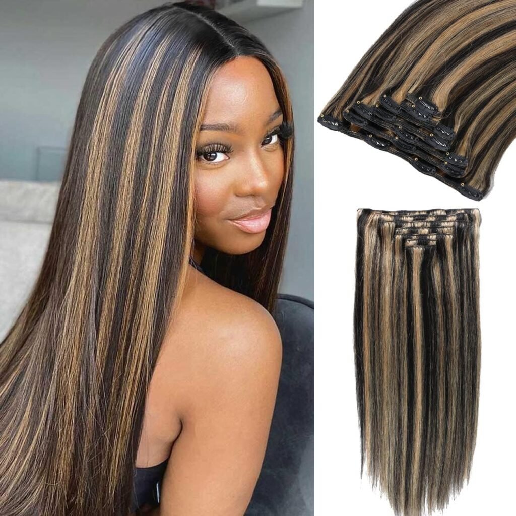 Asteria Hair Clip in Extensions Human Hair Full Head Ombre Natural Black Fading to Honey Blonde Real Hair Extensions Clip in Human Hair Highlights Straight Clip Ins For Women 7 Pcs 120g 18 Inch