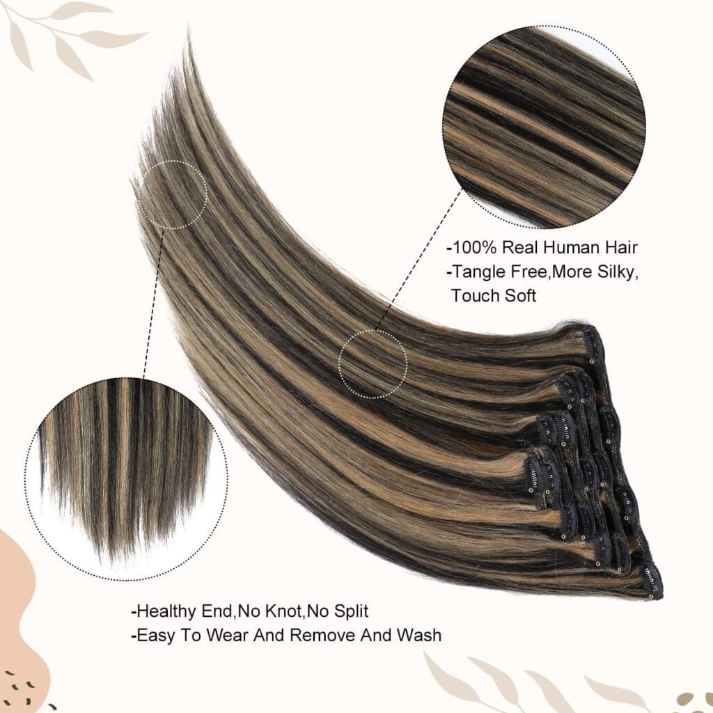 Asteria Hair Clip in Extensions Human Hair Full Head Ombre Natural Black Fading to Honey Blonde Real Hair Extensions Clip in Human Hair Highlights Straight Clip Ins For Women 7 Pcs 120g 18 Inch