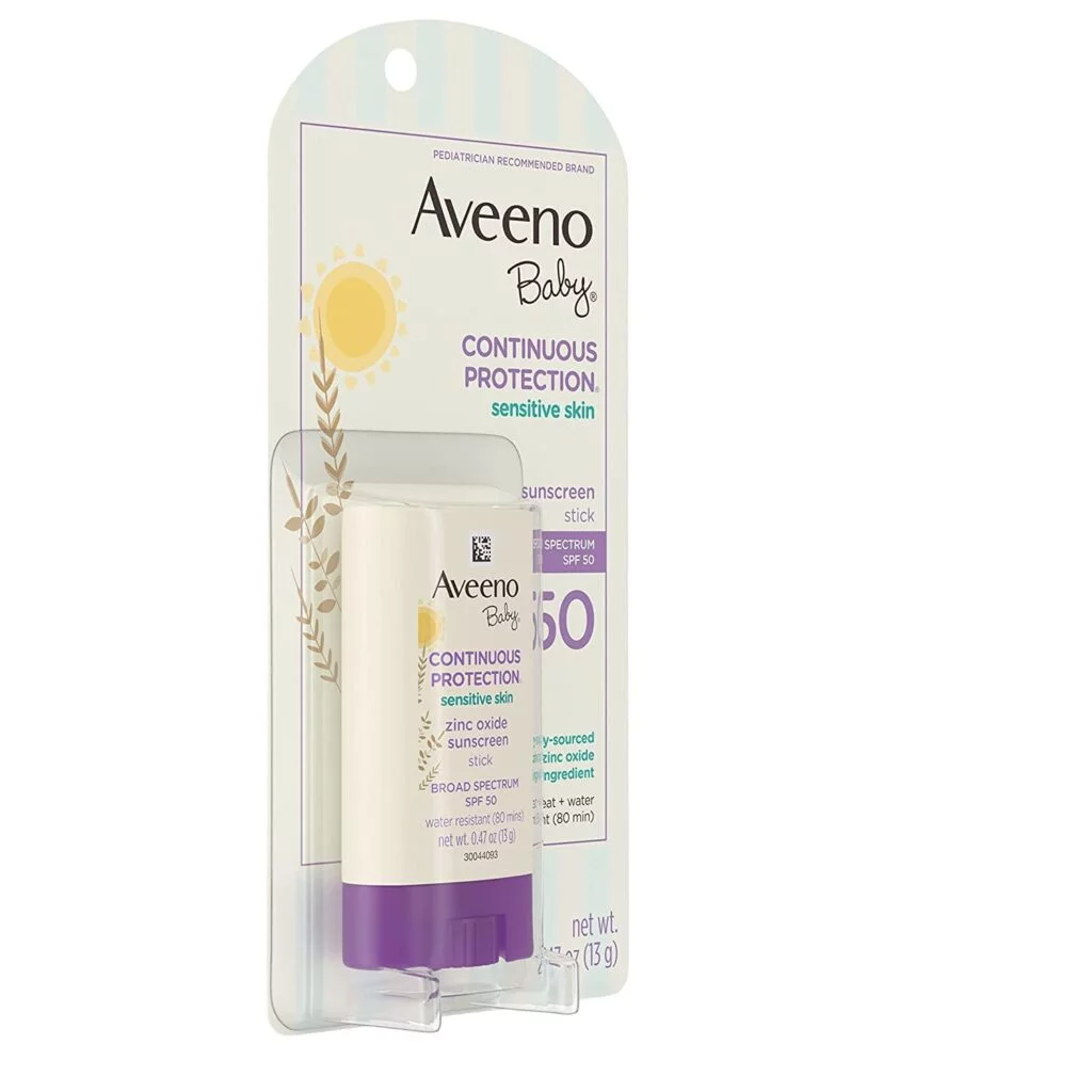 Aveeno Baby Continuous Protection Mineral Sunscreen Stick for Sensitive Skin with Broad Spectrum SPF 50 Protection for Face  Body, Naturally Sourced 100% Zinc Oxide, Travel Size, 0.47 oz