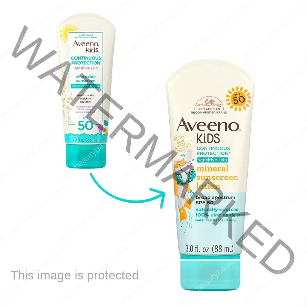 Aveeno Kids Continuous Protection Zinc Oxide Mineral Sunscreen Lotion for Childrens Sensitive Skin with Broad Spectrum SPF 50, Tear-Free, Sweat-  Water-Resistant, Non-Greasy, 3 fl. oz