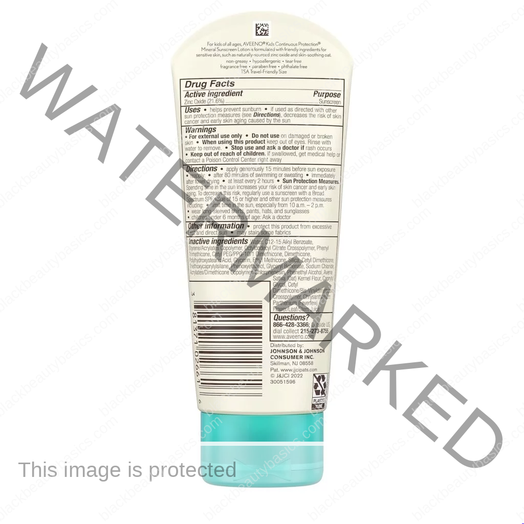 Aveeno Kids Continuous Protection Zinc Oxide Mineral Sunscreen Lotion for Childrens Sensitive Skin with Broad Spectrum SPF 50, Tear-Free, Sweat-  Water-Resistant, Non-Greasy, 3 fl. oz