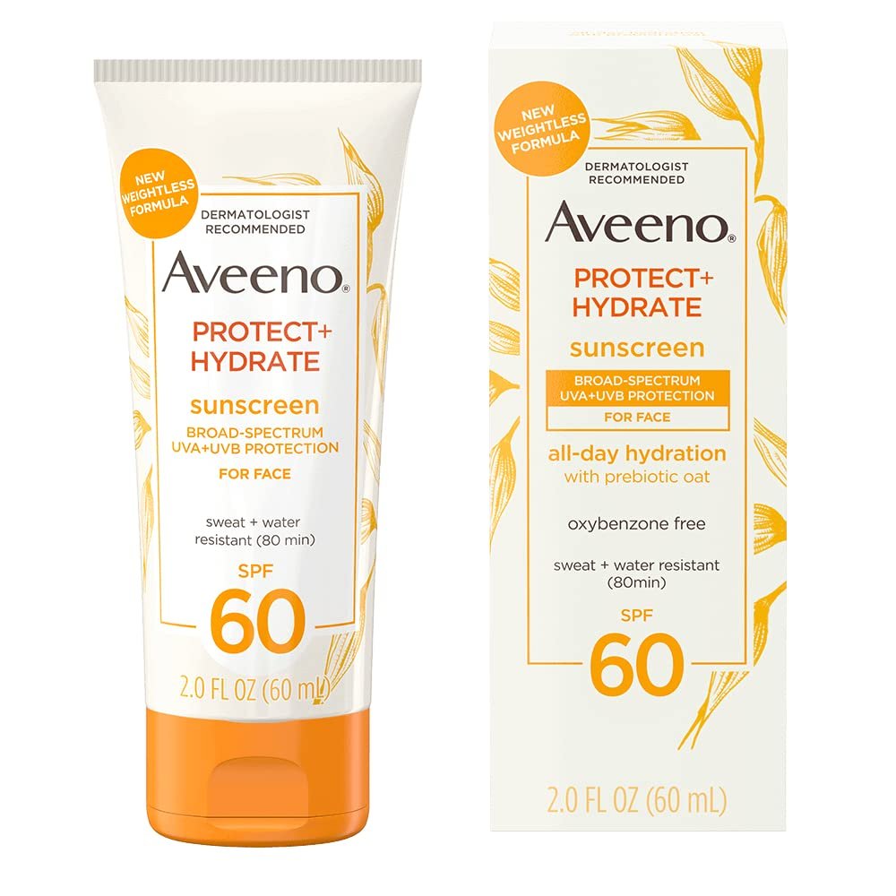Aveeno Protect + Hydrate Moisturizing Face Sunscreen Lotion With Broad Spectrum Spf 60  Prebiotic Oat, Weightless  Refreshing Feel, Paraben-free, Oil-free, Oxybenzone-free, 2.0 ounces
