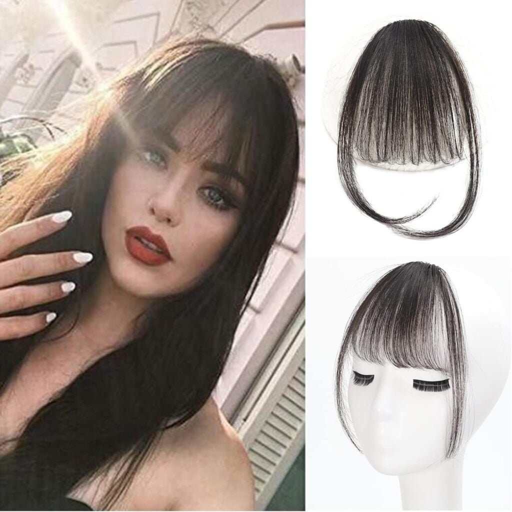 Bangs Hair Clip in Bangs 100% Real Human Hair Extensions Wispy Bangs Fringe with Temples Flat Neat Fake Air Hairpieces for Women Daily Wear Brown Black