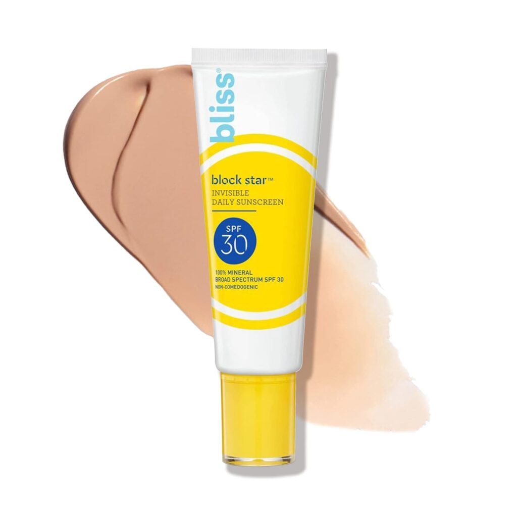 Bliss Block Star SPF 30 Invisible Daily Tinted Sunscreen with Zinc Oxide, Sunscreen  Makeup Primer - 100% Mineral Broad Spectrum Sunscreen with Titanium Dioxide and Antioxidant Blend,- 1.4 fl oz.