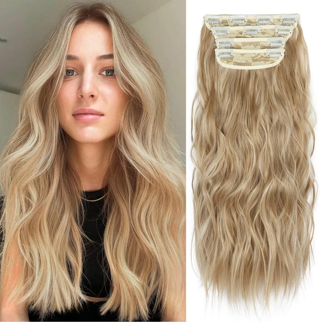 Blonde Hair Extensions Clip ins, 4Pcs Curly Clip in Hair Extensions, 20 Inches Synthetic Hair Extensions Clip in Human Hair (Color:Ombre Ash Brown to Bleach Blonde)