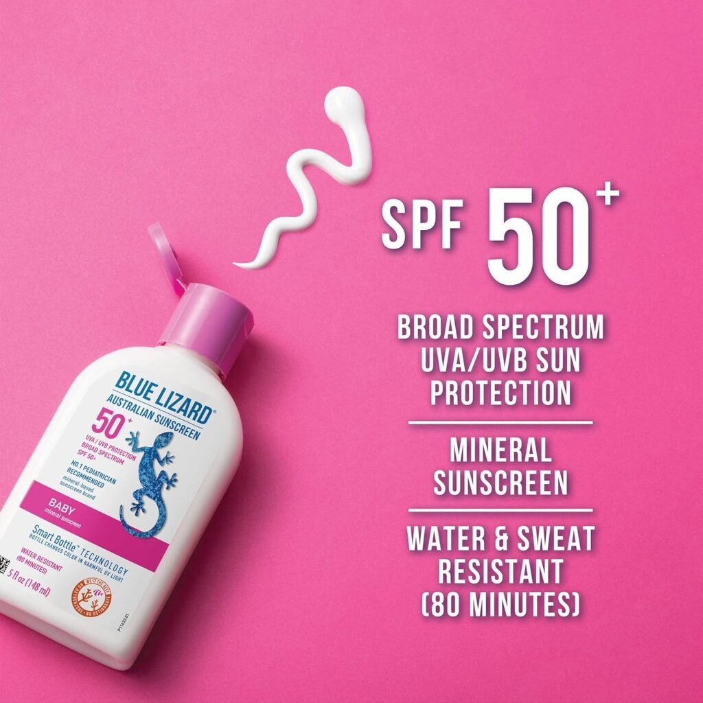 Blue Lizard Baby Mineral Sunscreen with Zinc Oxide, Water Resistant, UVA/UVB Protection with Smart Technology - Fragrance Free, Unscented, SPF 50 - 5 Fl Oz - Bottle