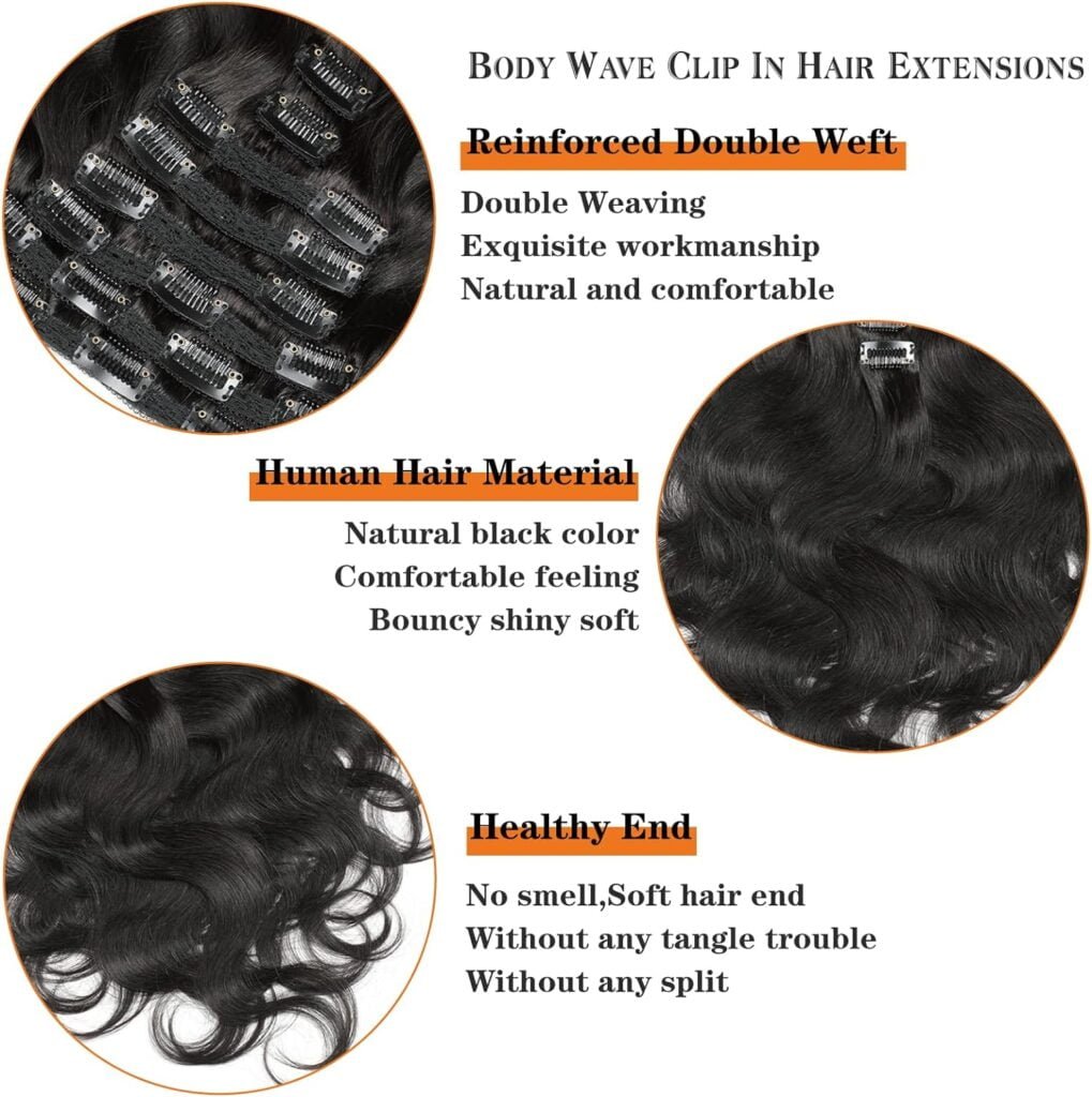 Body Wave Clip Ins Human Hair 8Pcs/Set 120 Gram Body Wave Clip in Hair Extensions 10A Brazilian Virgin Human Hair for Black Women Natural Black Color 18 Inch