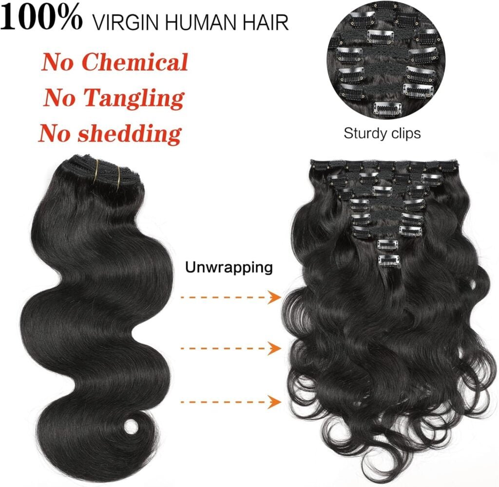 Body Wave Clip Ins Human Hair 8Pcs/Set 120 Gram Body Wave Clip in Hair Extensions 10A Brazilian Virgin Human Hair for Black Women Natural Black Color 18 Inch