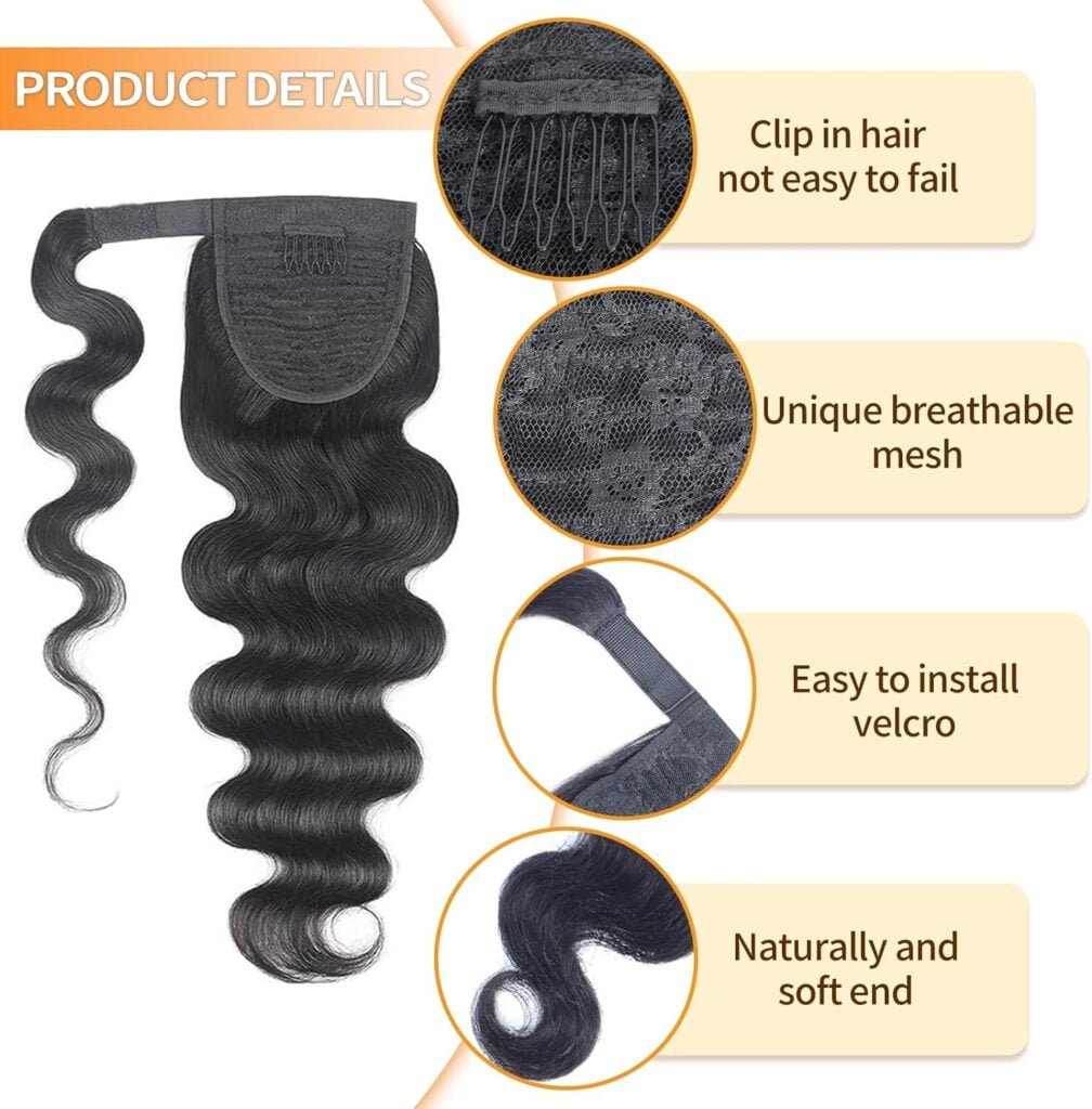 Body Wave Ponytail Extension Human Hair Wrap Around Magic Paste Ponytail Clip In Real Brazilian Virgin Human Hair pieces For Black Women Natural Black 18inch(Body Wave Ponytail, 18Inch)