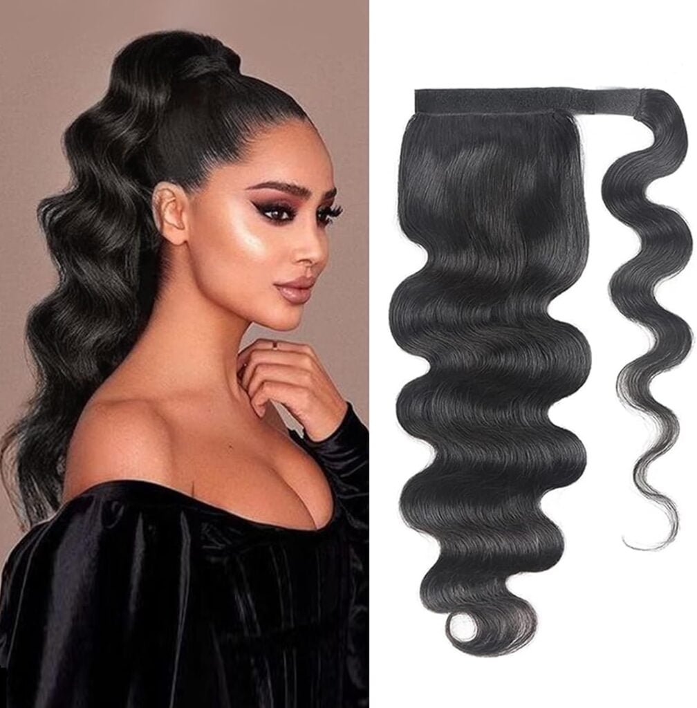 Body Wave Ponytail Extension Human Hair Wrap Around Magic Paste Ponytail Clip In Real Brazilian Virgin Human Hair pieces For Black Women Natural Black 18inch(Body Wave Ponytail, 18Inch)