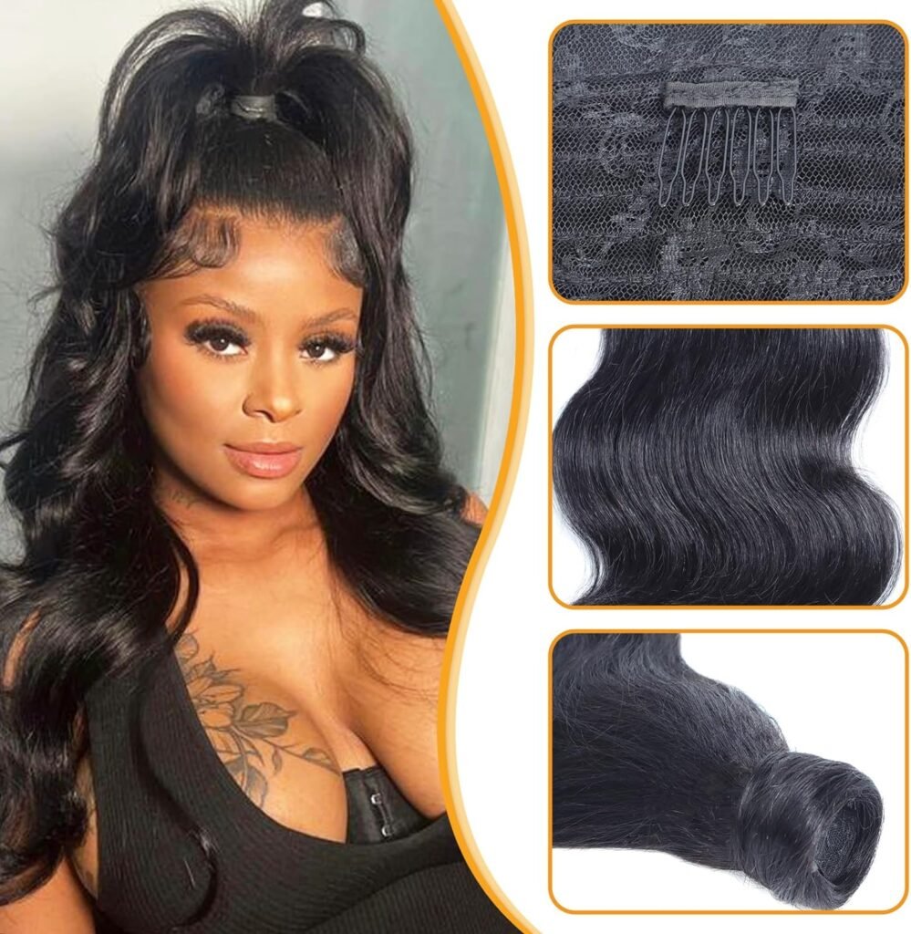 Body Wave Ponytail Extension Human Hair Wrap Around Magic Paste Ponytail Clip In Real Brazilian Virgin Human Hair pieces For Black Women Natural Black 18inch(Body Wave Ponytail, 18Inch)