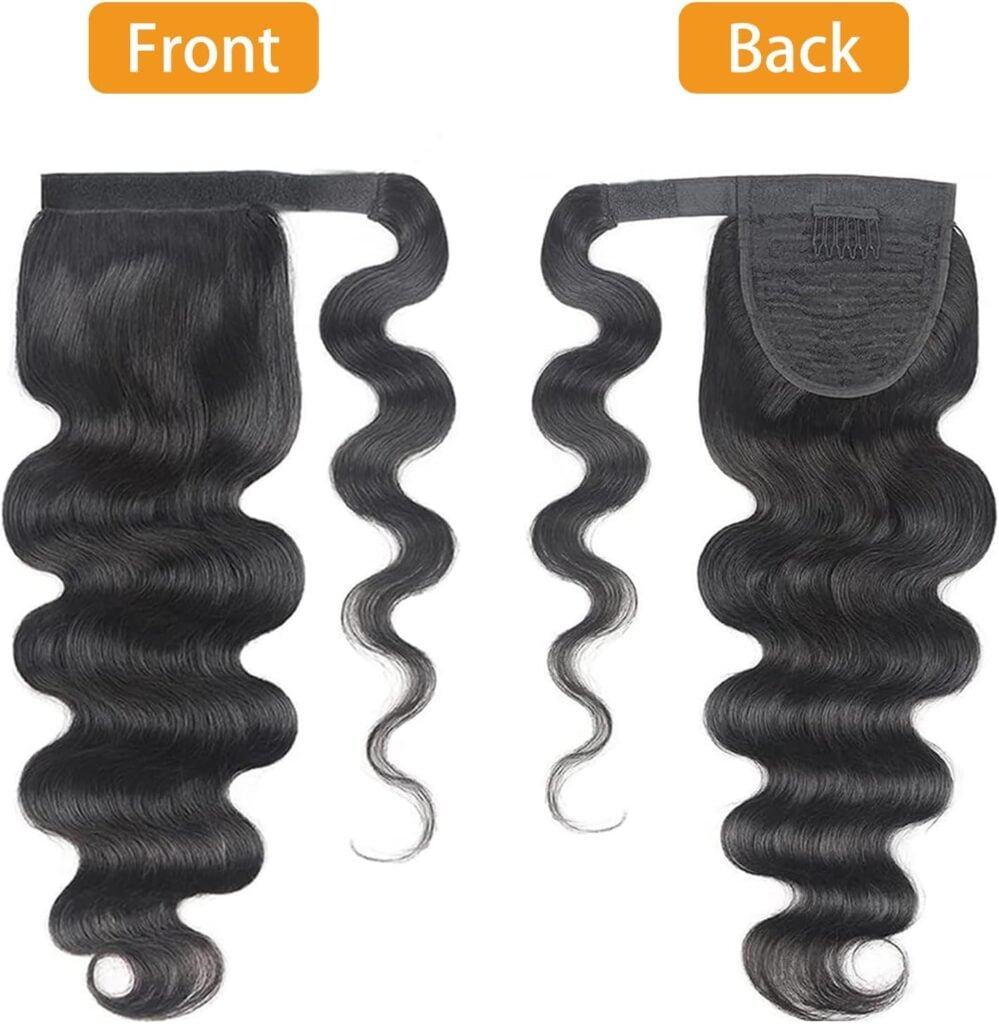 Body Wave Ponytail Extension Human Hair Wrap Around Magic Paste Ponytail Clip In Real Brazilian Virgin Human Hair pieces For Black Women Natural Black 18inch(Body Wave Ponytail, 18Inch)