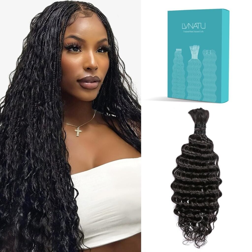Boho Braids Human Hair for Bohemian Knotless Braids Braiding Hair Wet and Wavy Deep Wave Bulk No Weft 2 Bundles 100g 22 Inch Natural Black