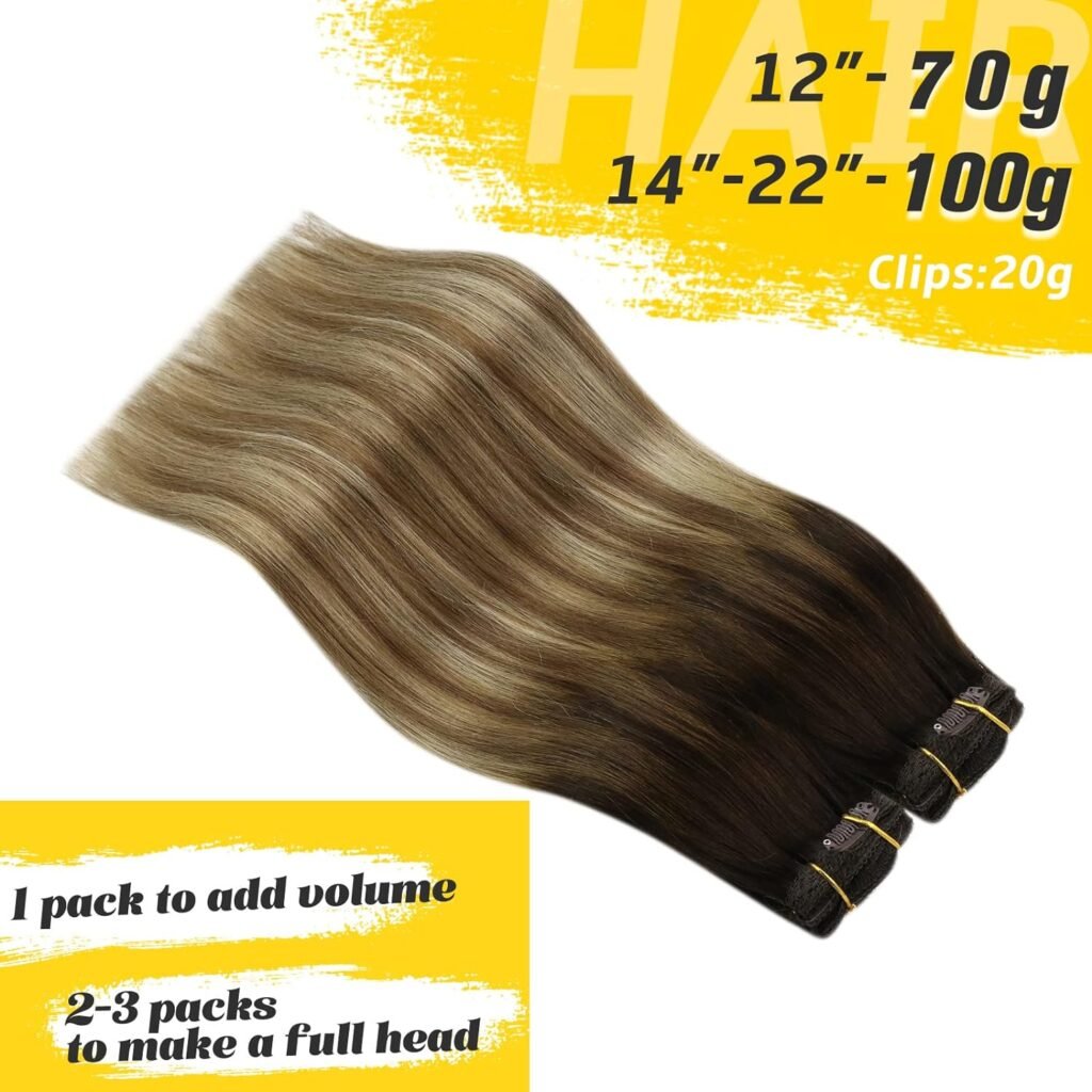 Brown Balayage Clip in Hair Extensions Real Human Hair 14Inch Human Hair Clip in Extensions Ombre Golden Brown with Blonde Clip in Human Hair Extensions Double Weft Clip on Hair Extensions 120G 7Pcs