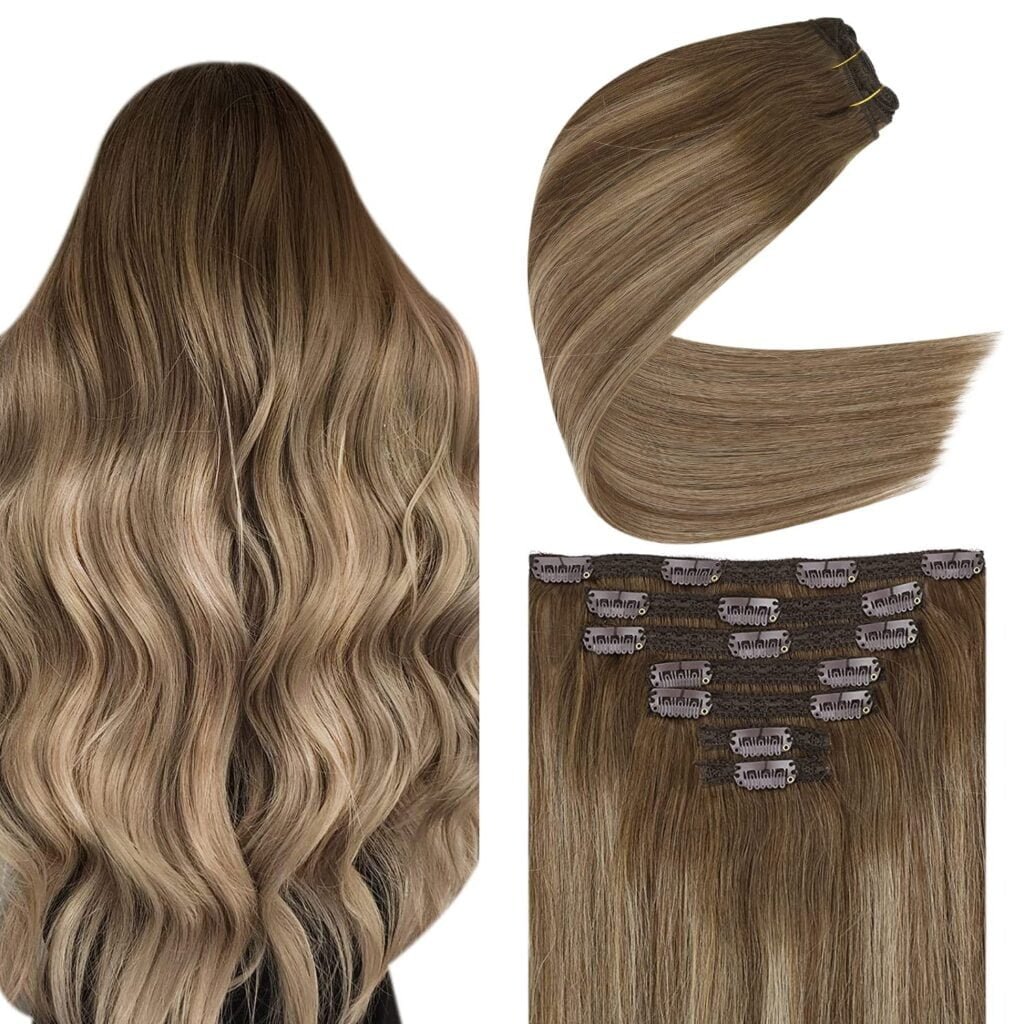 Brown Balayage Clip in Hair Extensions Real Human Hair 14Inch Human Hair Clip in Extensions Ombre Golden Brown with Blonde Clip in Human Hair Extensions Double Weft Clip on Hair Extensions 120G 7Pcs