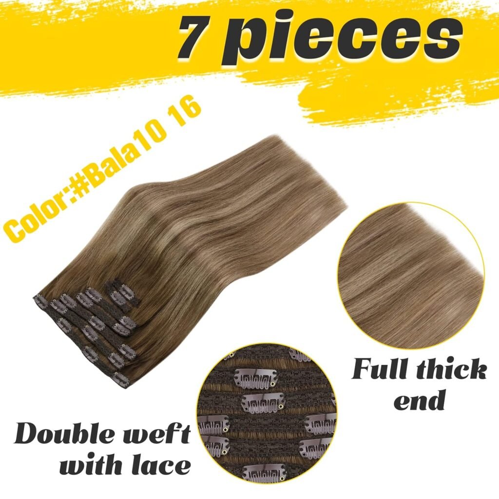 Brown Balayage Clip in Hair Extensions Real Human Hair 14Inch Human Hair Clip in Extensions Ombre Golden Brown with Blonde Clip in Human Hair Extensions Double Weft Clip on Hair Extensions 120G 7Pcs