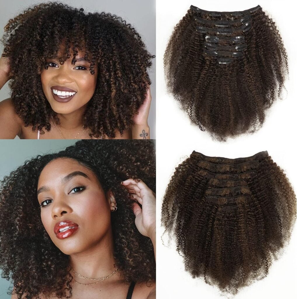 Caliee Curly Clip in Human Hair Extensions Black with Brown Clip in Hair Extensions 7pcs 120g Real Human Hair Clip in Extensions Afro Kinky Curly Hair 12 Inch
