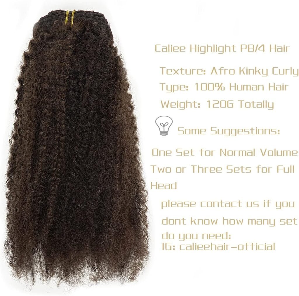 Caliee Curly Clip in Human Hair Extensions Black with Brown Clip in Hair Extensions 7pcs 120g Real Human Hair Clip in Extensions Afro Kinky Curly Hair 12 Inch