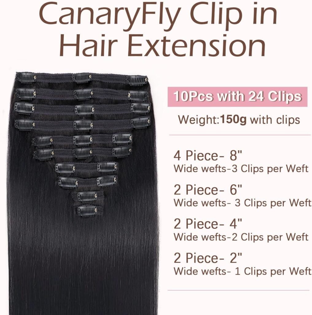 CanaryFly Clip in Hair Extensions for Black Women Clip in Hair Extensions Real Human Hair 100% Unprocessed Full Head Brazilian Virgin Hair Natural Black Color,10/Pcs with 24Clips,150Gram (20inch)