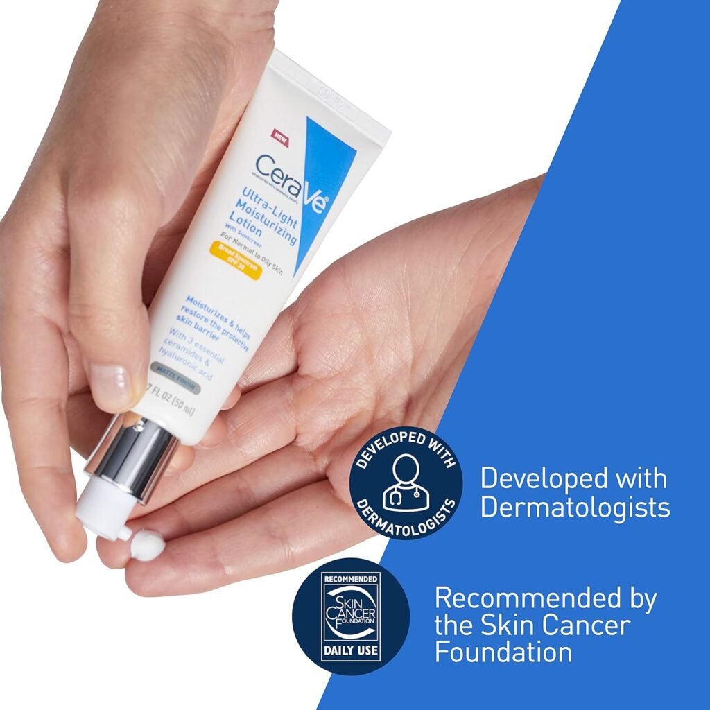 CeraVe Ultra-Light Moisturizing Lotion With SPF 30| Daily Face Moisturizer with SPF | Formulated with Hyaluronic Acid  Ceramides | Broad Spectrum SPF | Oil Free | Matte Finish | 1.7 Ounce