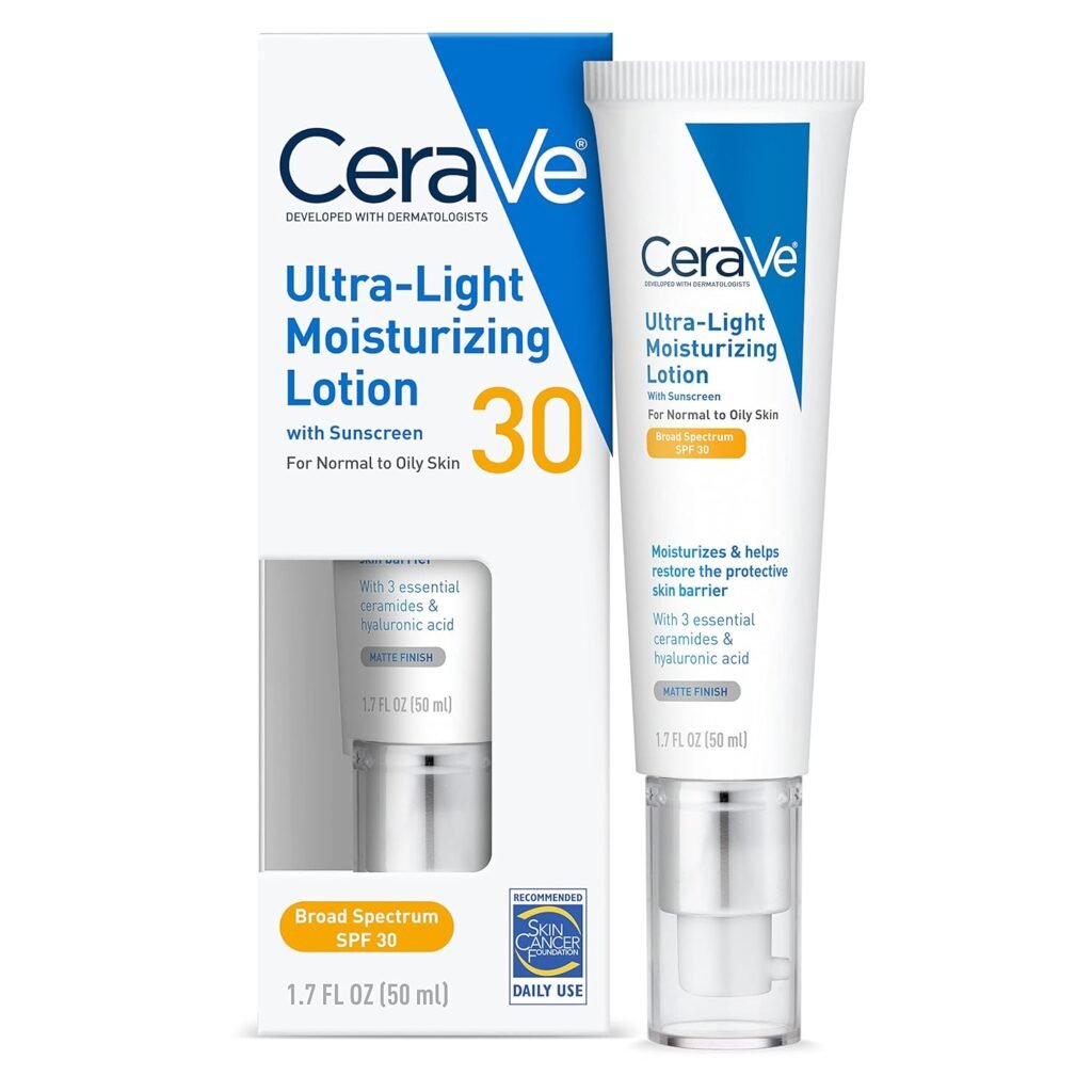 CeraVe Ultra-Light Moisturizing Lotion With SPF 30| Daily Face Moisturizer with SPF | Formulated with Hyaluronic Acid  Ceramides | Broad Spectrum SPF | Oil Free | Matte Finish | 1.7 Ounce