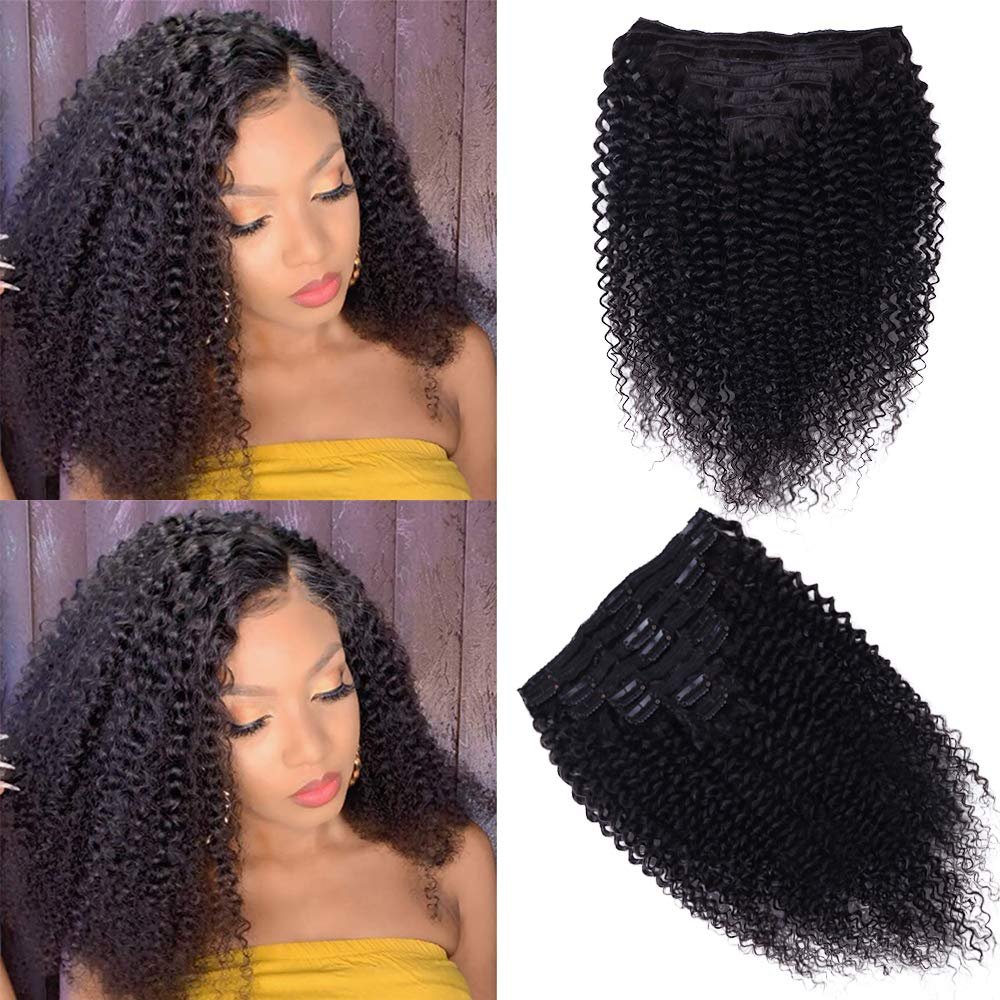 Clip In Extension 3C 4A Kinky Curly Full Head for Black Women Brazilian Remy Human Hair Natural Color 8Pcs with18clips 120g/Set (14 inch, curly wave)