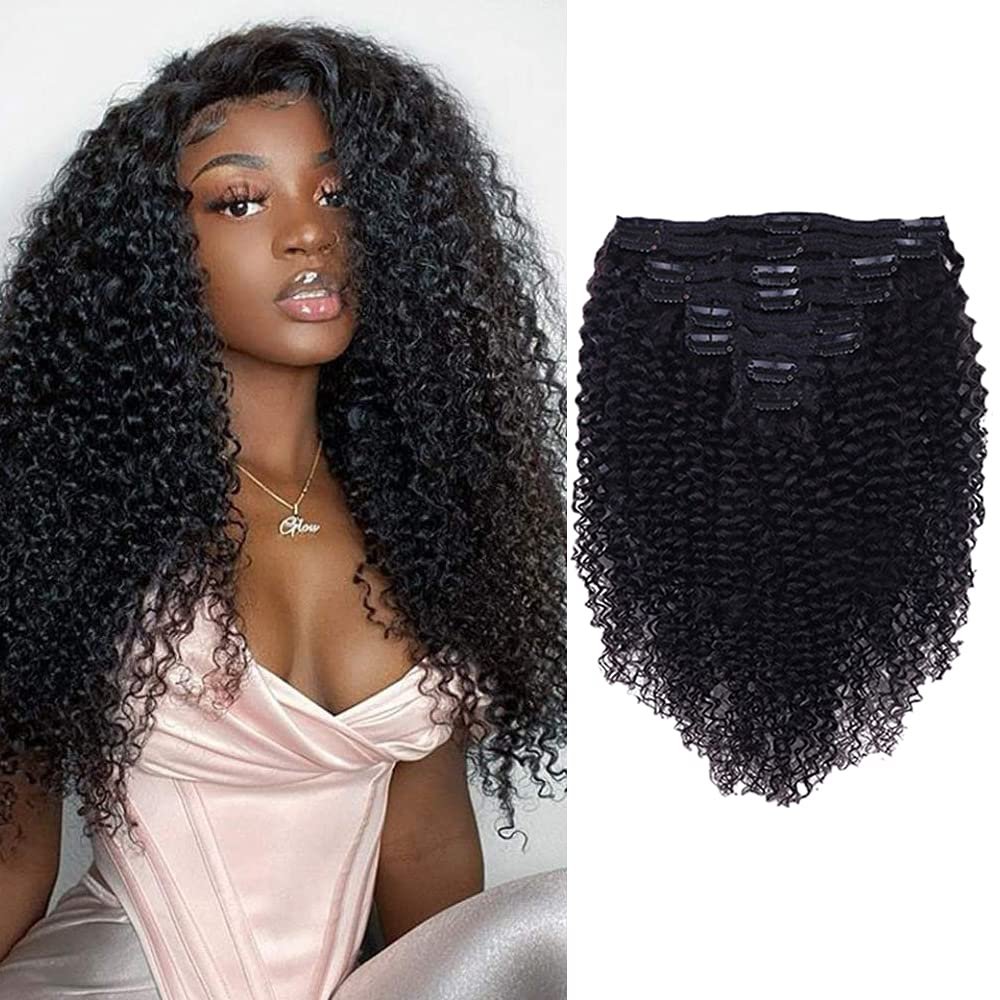 Clip In Extension 3C 4A Kinky Curly Full Head for Black Women Brazilian Remy Human Hair Natural Color 8Pcs with18clips 120g/Set (14 inch, curly wave)