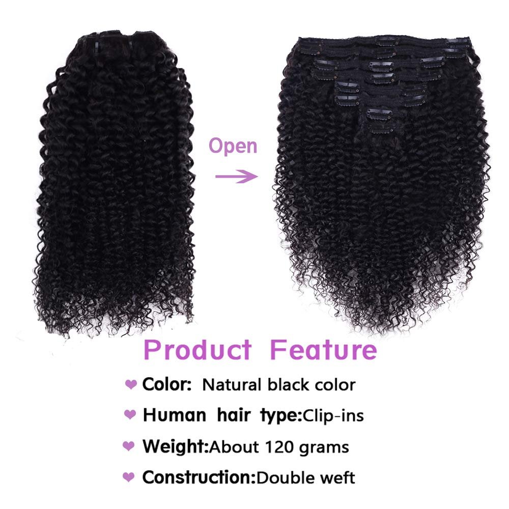 Clip In Extension 3C 4A Kinky Curly Full Head for Black Women Brazilian Remy Human Hair Natural Color 8Pcs with18clips 120g/Set (14 inch, curly wave)