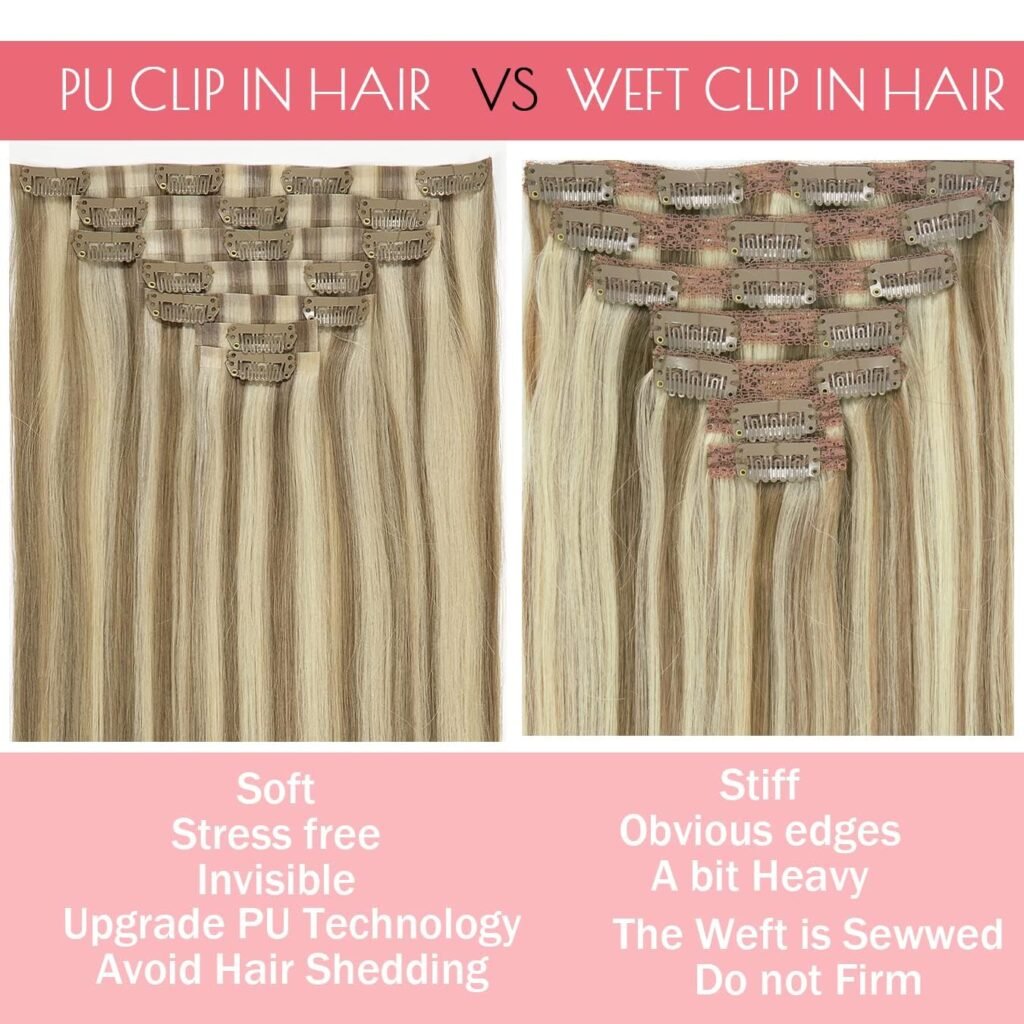 Clip in Hair Extensions 100% Remy Human Hair New Technology PU Weft Seamless Hair Extensions Natural Straight Light Golden Brown Mixed With Platinum Blonde Piano #12/60A 14inch 110gram 7pcs