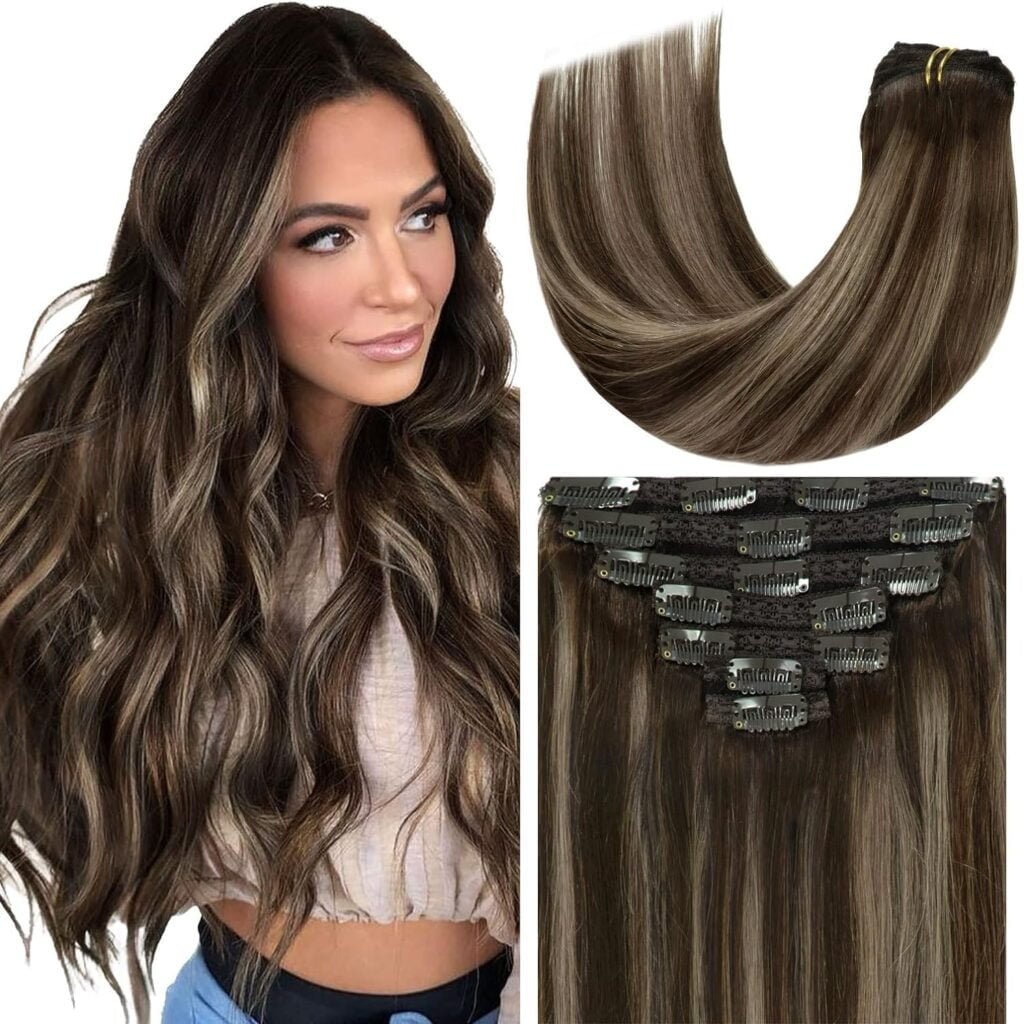 Clip in Hair Extensions 100% Remy Human Hair New Technology PU Weft Seamless Hair Extensions Natural Straight Light Golden Brown Mixed With Platinum Blonde Piano #12/60A 14inch 110gram 7pcs