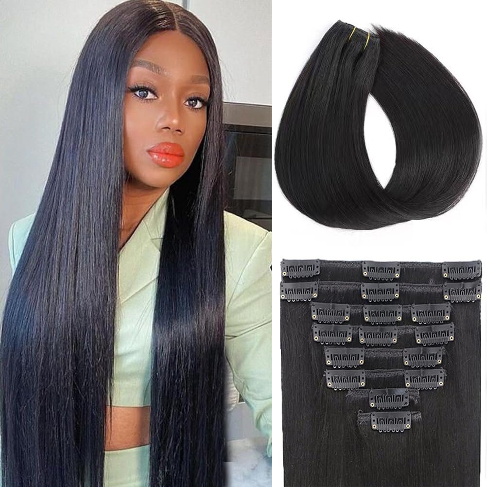 Clip in Hair Extensions 100% Remy Virgin Real Human Hair Natural Black 8pcs for Women Double Weft Clips in Straight Soft Hair No Tangles 16inch Natural Black
