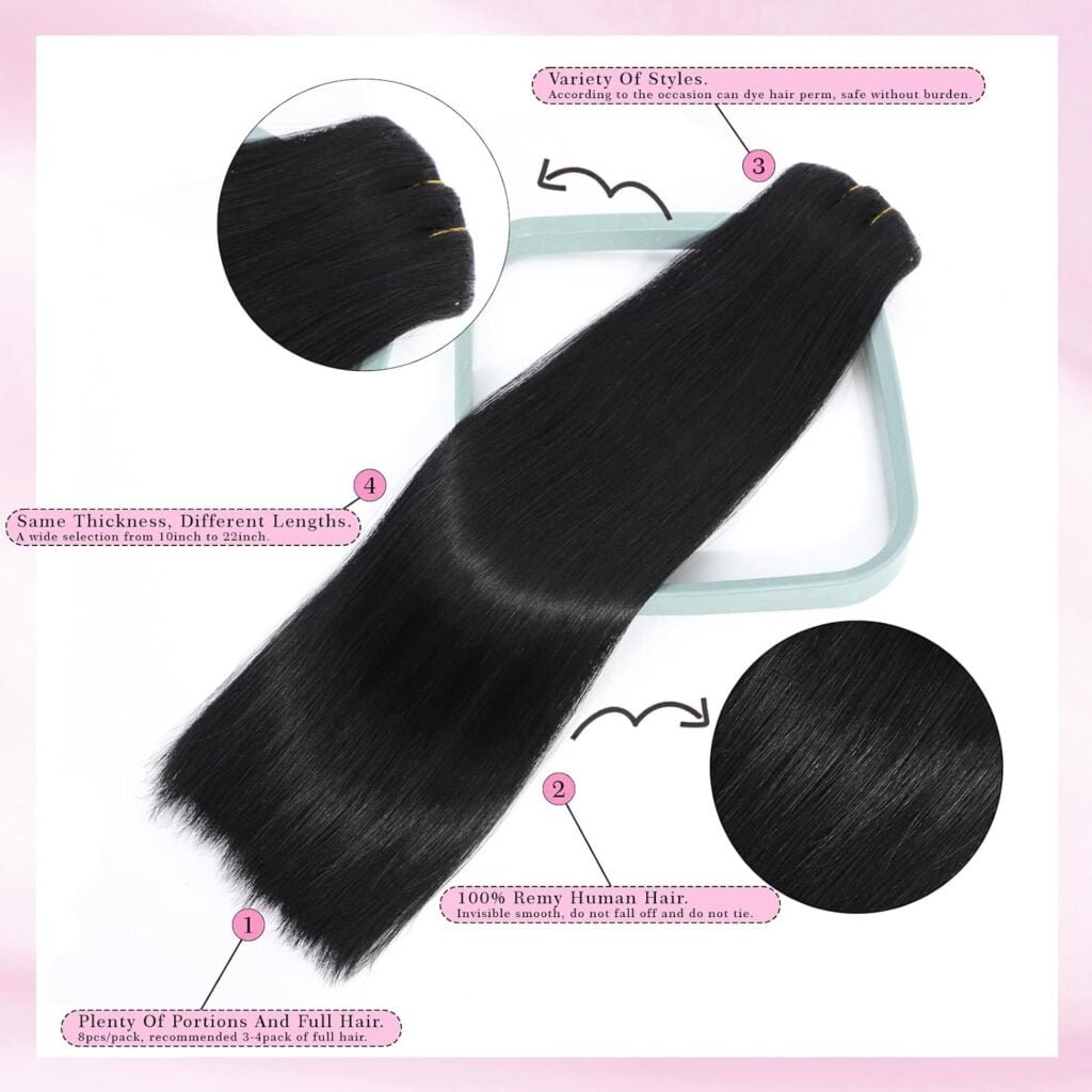 Clip in Hair Extensions 100% Remy Virgin Real Human Hair Natural Black 8pcs for Women Double Weft Clips in Straight Soft Hair No Tangles 16inch Natural Black