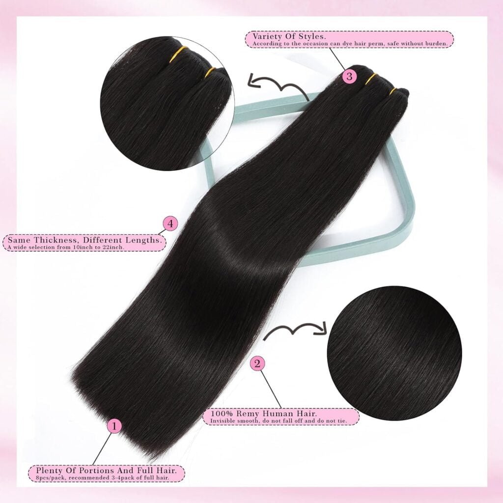 Clip in Hair Extensions 100% Remy Virgin Real Human Hair Natural Black 8pcs for Women Double Weft Clips in Straight Soft Hair No Tangles 16inch Natural Black