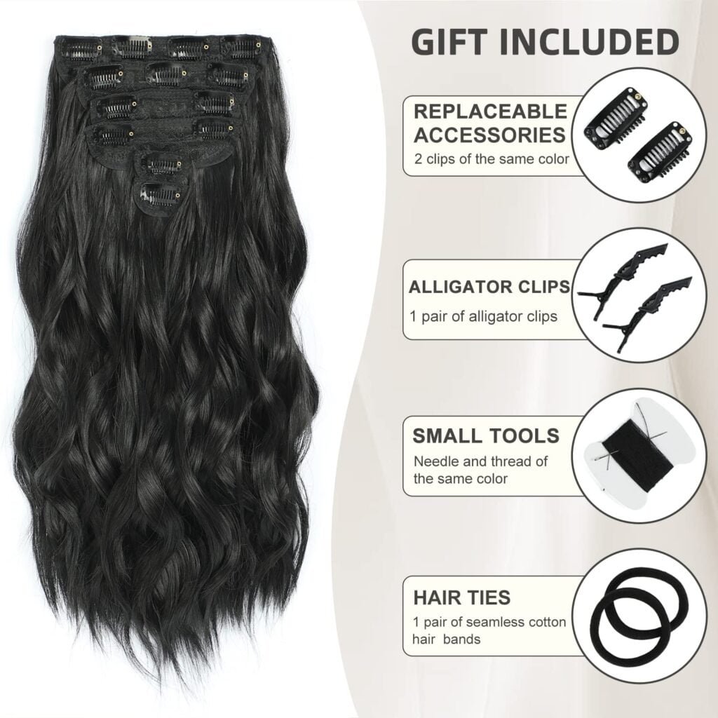 Clip in Hair Extensions, 6 PCS Natural  Soft Hair  Blends Well Hair Extensions, Dark Brown Long Wavy Hairpieces(20inch, 6pcs, Dark Brown)